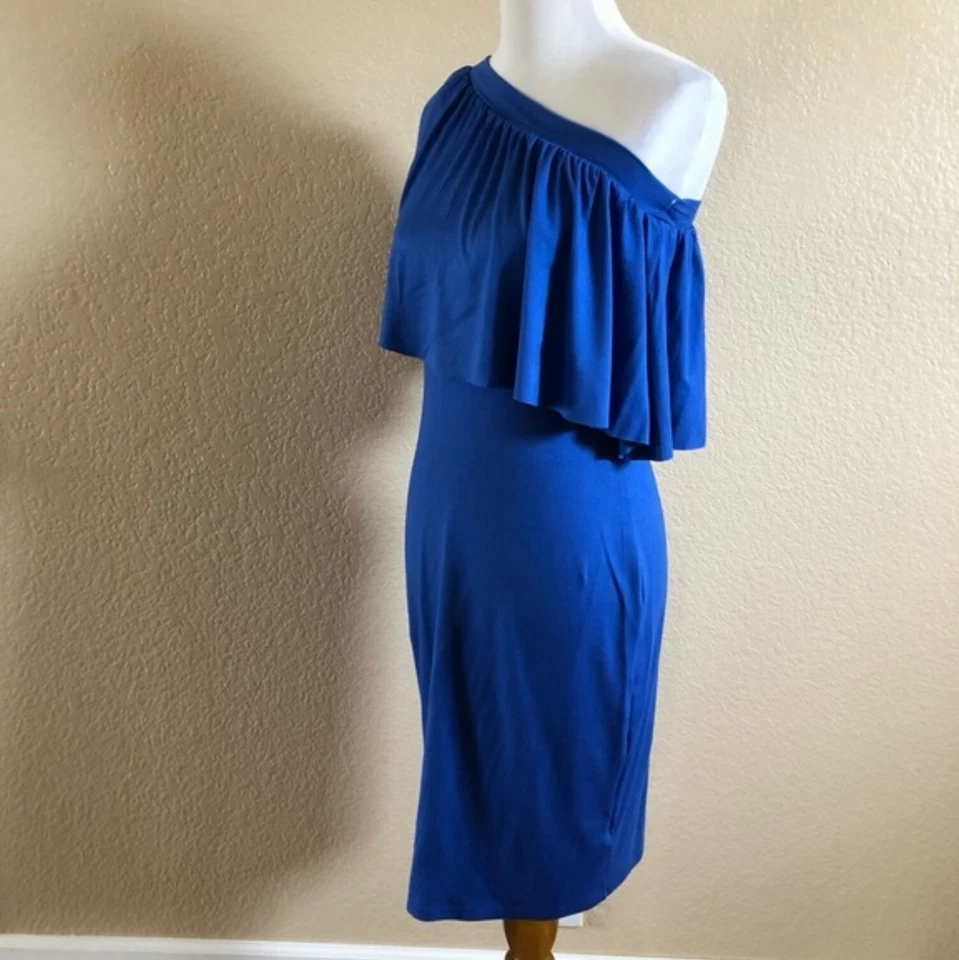 Three Dots Ruffle One Shoulder Knit Blue Bodycon Cocktail Dress S New - Image 3 of 4