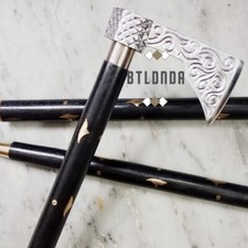 Handcrafted Antique Viking Axe Vintage Wooden Walking Stick Cane Present Men's