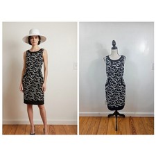 London Times Sheath Dress Womens 10 Black White Scroll Print Sleeveless Pockets