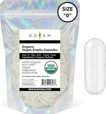 Certified Organic Pullulan Capsules: Size 0, 100% Vegan, Plant-Based Empty Caps