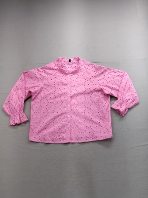 Chou Yatou Shirt Womens XL Pink Eyelet Embroidered Ruffle Neck Cotton Blouse