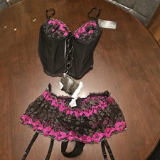 Escante Corset NOS Sz Large 3 Piece with Garter Panties and Stockings Black VTG