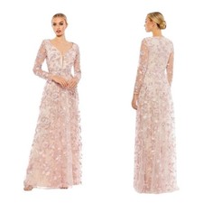 NWT Mac Duggal 70224 Pink Floral Applique Long Sleeve Illusion Gown Size 10