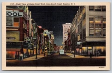 Trenton New Jersey~State Street West @ Broad Street @ Night~Linen Postcard