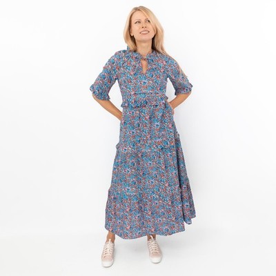 Damen Joules Blumen Kleid blau Midi Lia Baumwolle gewebt Stufen leicht Taschen