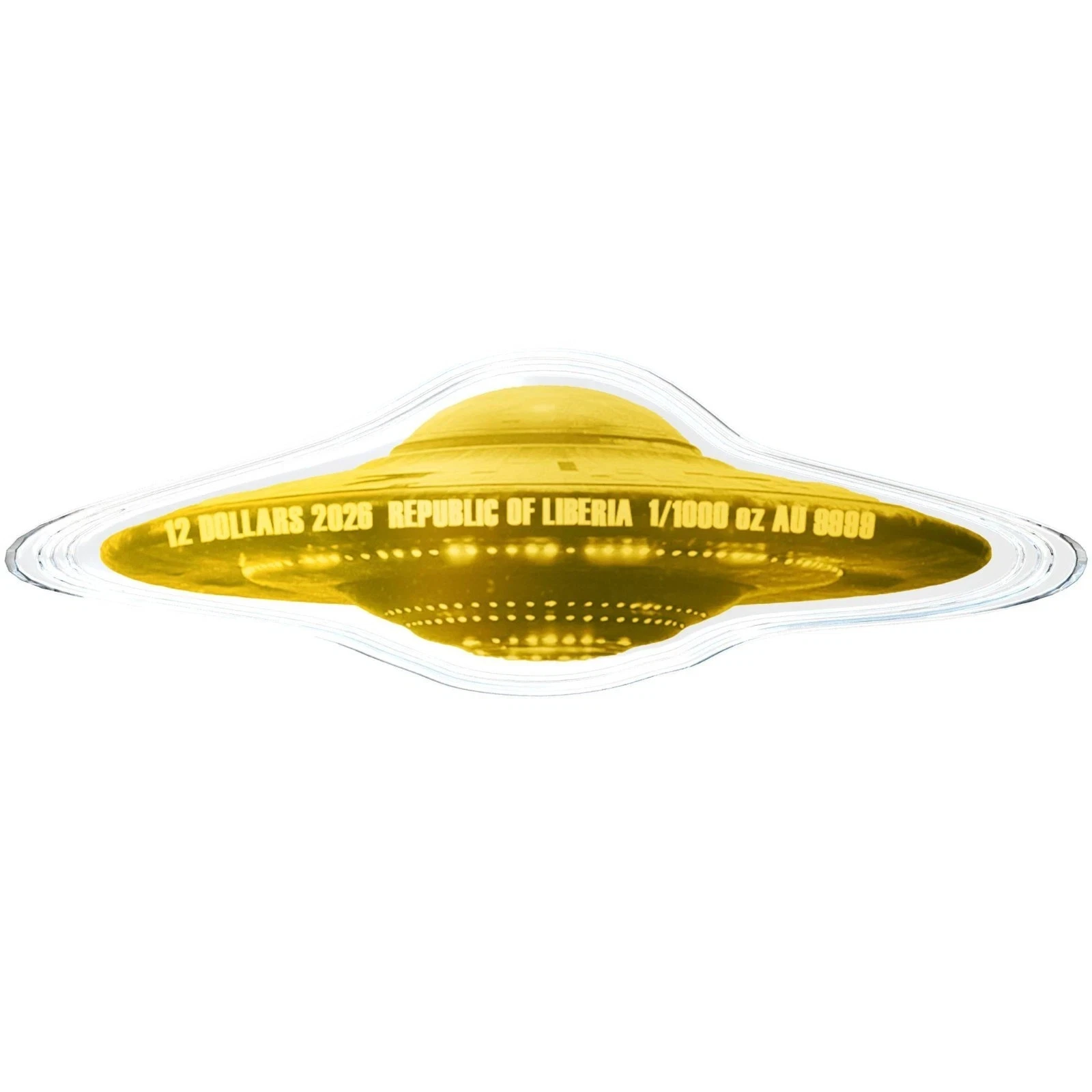 2026 Liberia - Una lettera dallo spazio esterno - moneta d'oro a forma di UFO 1/1000 oz in carta - Foto 2 di 4