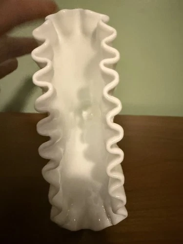 Fenton Hobnail Fan Vase 1960s White Milk Glass Crimped Edge Footed