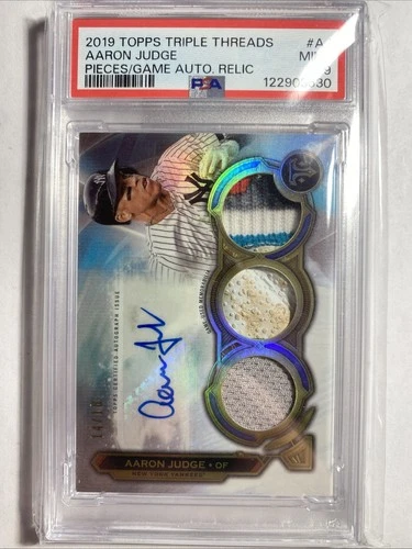 AARON JUDGE 2019 TOPPS TRIPLE THREADS GAME USED PATCH AUTO 14/18 SP PSA 9 #AJ