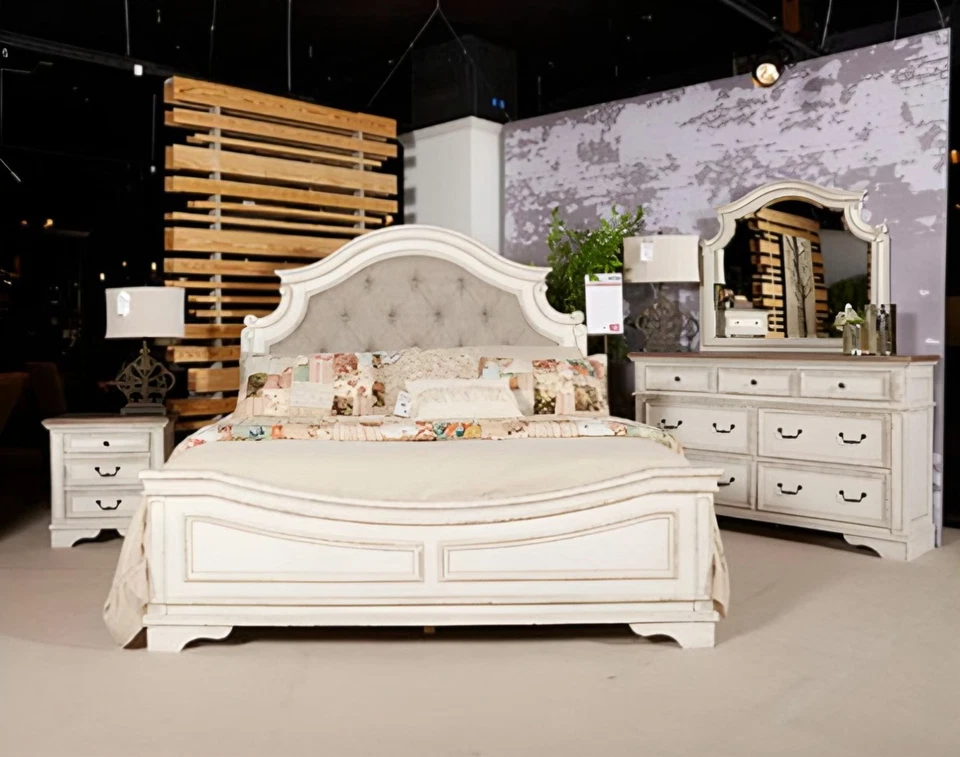 NUEVO Juego de Dormitorio King Queen 4 Piezas Tapizado Blanco Envejecido Muebles Cama/D/M/N Foto 2 de 4