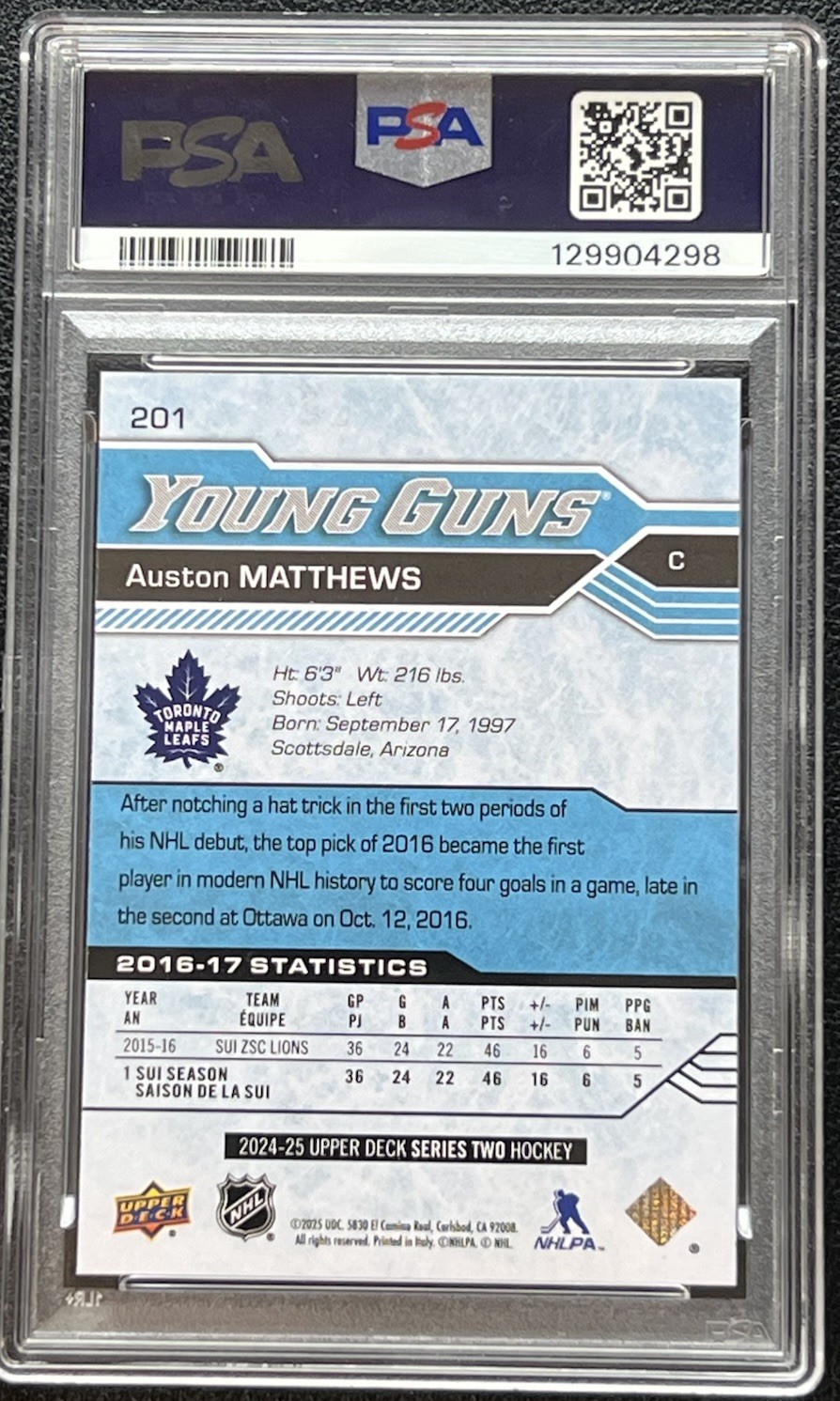 2024 Upper Deck Auston Matthews YOUNG GUNS RENEWED EXCLUSIVES /100 PSA 10 view 2