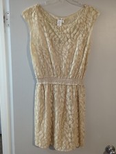 Sophie Max Ivory/Beige Sleeveless Lined Dress Size Large Leaf Design       [LF5]