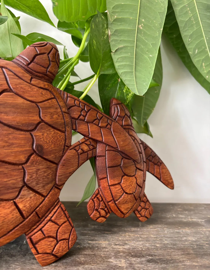 Hawaiian Hand Made Wall Hanging Decor Wood Carving Sign Turtle Honu Family