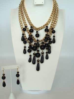 Linea by Louis Dell Olio Waterfall NECKLACE & EARRINGS Black Beads/Gold BNWT