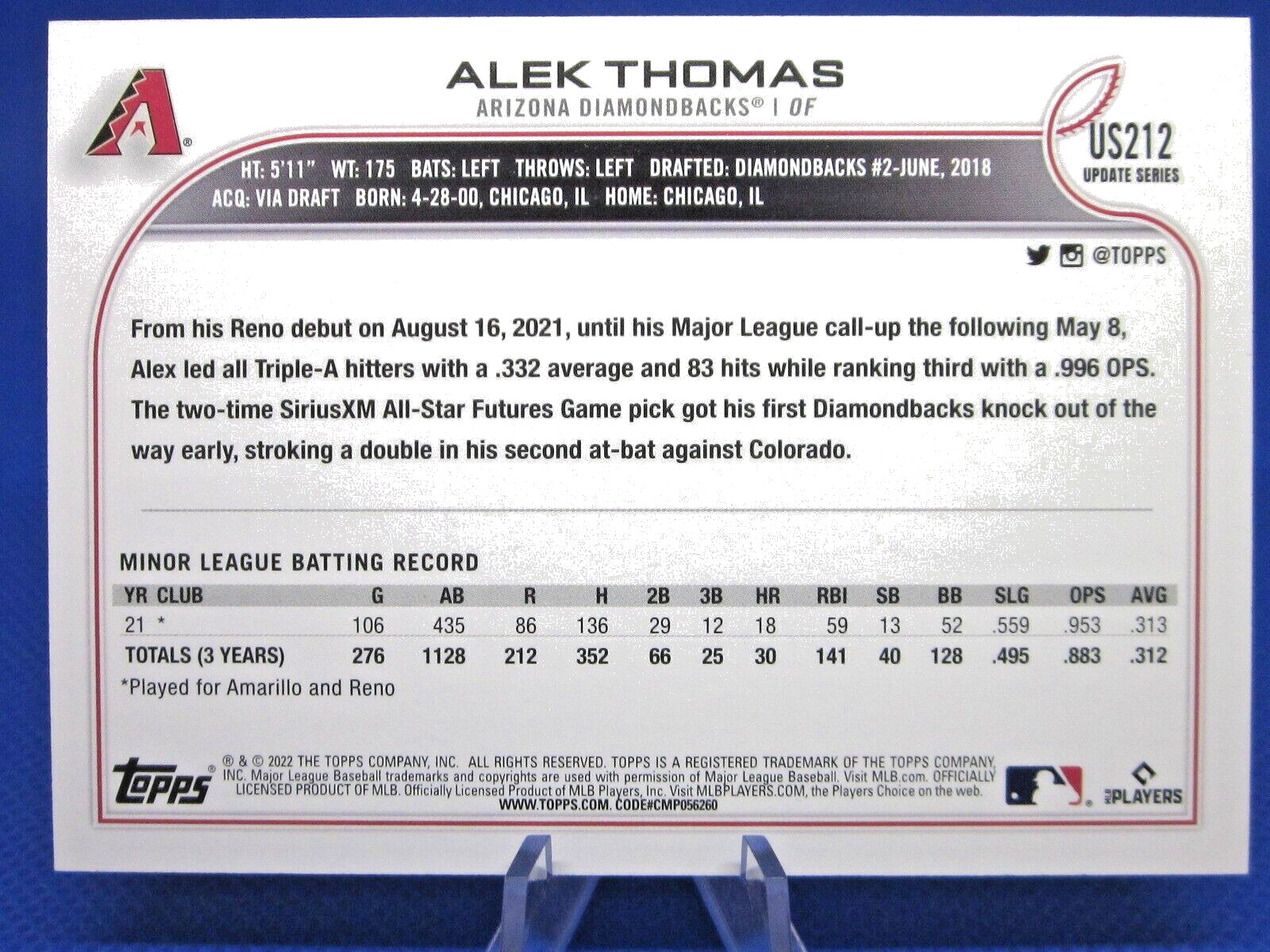 2022 TOPPS UPDATE US212 ALEK THOMAS SSP SUPER SHORT PRINT VARIATION D-BACKS RC