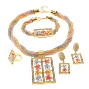 Authentic Three Tone Gold Plated Metal Necklace Bracelet Earring Set HQX451-MUL