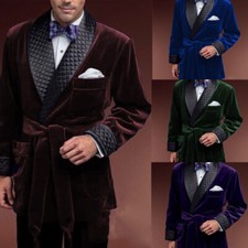 Vintage Velvet Men's Smoking Jacket with Belt Evening Party Prom Wear Blazer 2pc