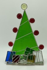 8" CHRISTMAS TREE Vintage STAINED GLASS ART Freestanding TABLETOP With Presents