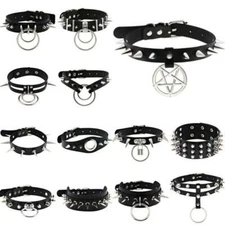 Women O Ring Neck Collar Chain Gothic Punk Studded Pu Leather Choker Necklace