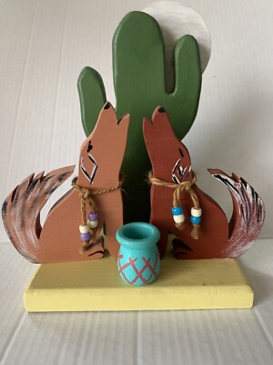 Wooden Folk Art Southwestern Scene Wolves Howling w/Cactus &Full Moon Home Decor