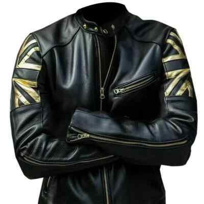Men's Biker Vintage Black Cafe Racer UK Flag Union Jack Leather Jacket