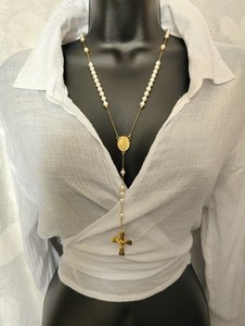 Authentic 18K Gold Plated Rosary Necklace Faux Pearl Virgin Mary Cross