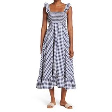 Max Studio London Blue Gingham Smocked Cottagecore Midi Dress NWT M