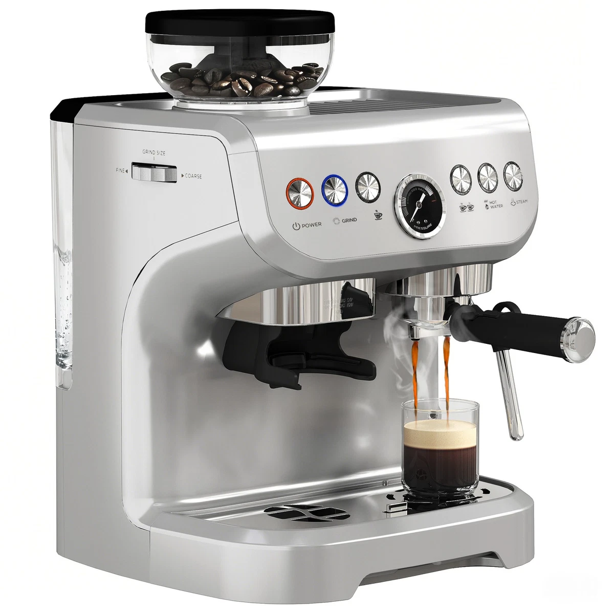 Máquina de café espresso HOMCOM, molinillo de frijoles y varita de vapor, presión de 15 bares, plateada.