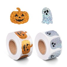 1000pcs Halloween Stickers Roll, Sparkly Ghost 3cm/1.18in, Orange, Silver