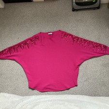 Womens Sweater Hot Pink Sequins shoulder + bat arms Size M Medium 12-14 stretch 