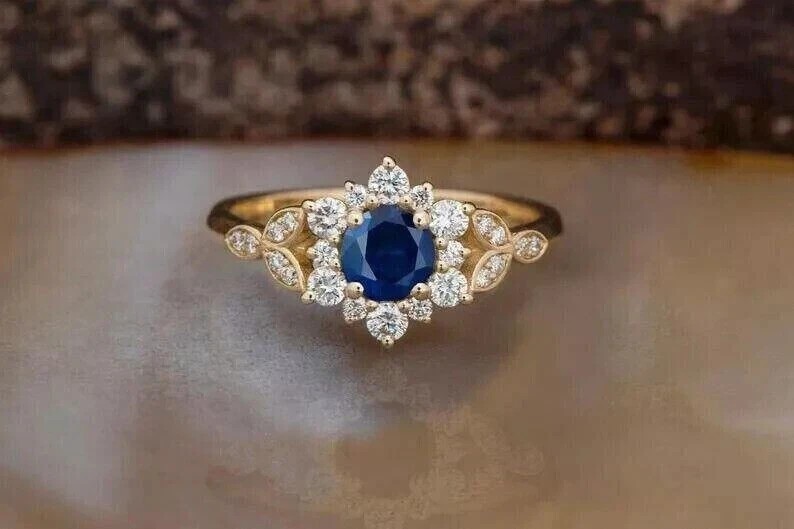 2.20Ct Round Cut Simulated Blue Sapphire Wedding Ring In 14k Yellow Gold Plated