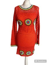 BNWT Zara orange open crochet flower detail knee dress S 8 10 boho hippie