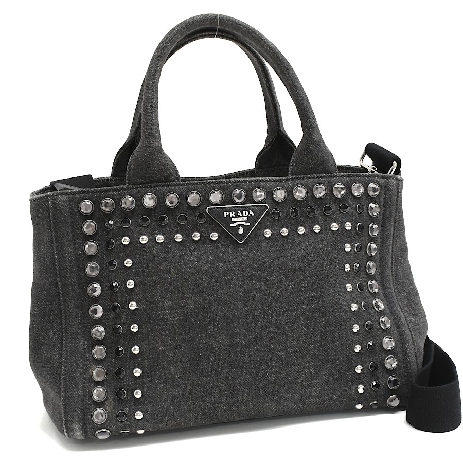 Prada Canapa Bijou 2-Way Denim Black Tote Bag
