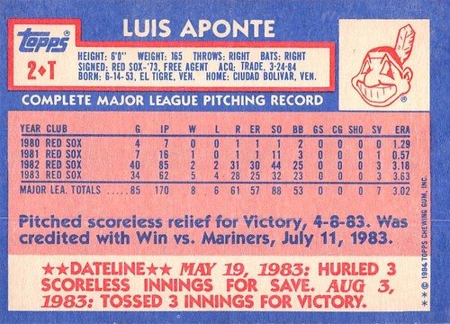 1984 Topps Traded #2T Luis Aponte Near mint or better - Bild 2 von 2