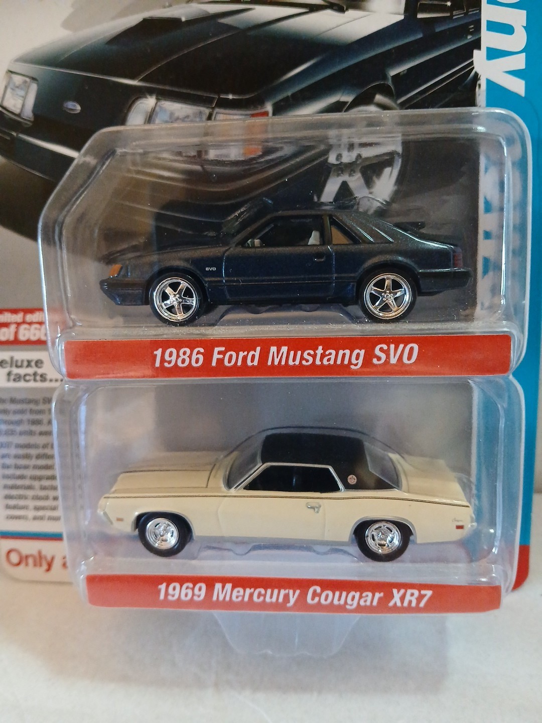 2022 AUTO WORLD Pony Power 2 Pack 1986 FORD MUSTANG SVO  1969 MERCURY COUGAR XR7 thumbnail 2