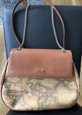 Alviero Martini 1A Classe Map Print Shoulder Bag Chain Strap Tan Brown