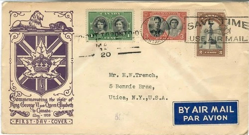 Canada 1939 Royal Visit FDC - Sc #246-48, Cachet: Purple Lion & Beaver (UNK-35)