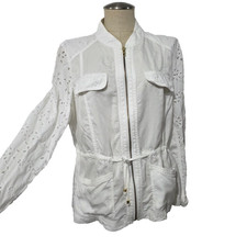 Chico's Easy Eyelet Utiliy White Boho Light Jacket Drawstring Waistband 2