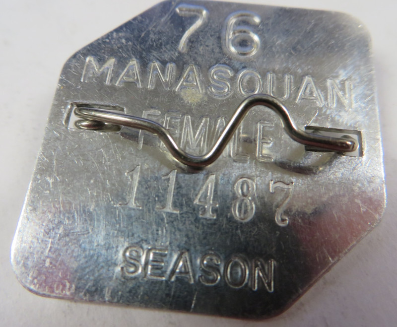 Vintage 1976 MANASQUAN New Jersey Beach Tag Metal Badge Female Season