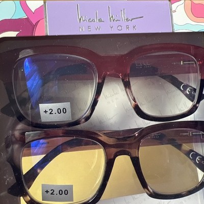 NICOLE MILLER +2.00 Blue Light Reading Glasses womens 2 PR BOX PINK fade&PURPLE