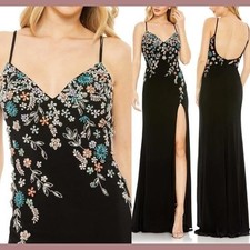 Mac Duggal Women's Black Multicolored Beaded Floral Cami Gown Dress Size 4