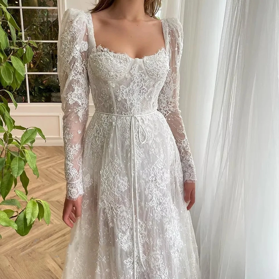 Elegante Vestido de Novia Línea A Cuello Cuadrado Mangas Largas Encaje Apliques Vestidos de Novia Foto 3 de 4