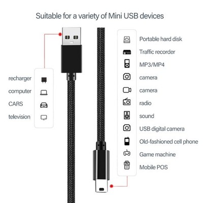 Mini USB Cable Braided Data Charging Cord Fast Speed for Dashcam Camera Mobile