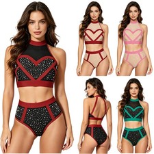 Women's Shiny Rhinestone Latin Jazz Dance Outfits Open Back Crop Top with Shorts