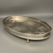 Vintage Silver Plate Footed Gallery Serving Tray Cocktail Drinks Handles English