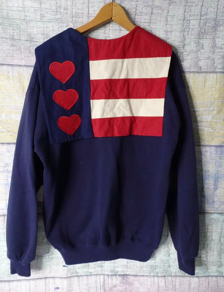 Vintage Jerzees Button Down Sweater Cardigan American Flag With Hearts, USA
