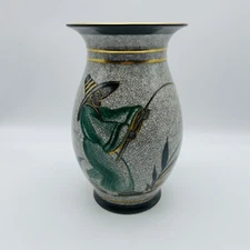 Rare Royal Copenhagen Crackle Vase Nautica Fisherman Shark Fish Denmark