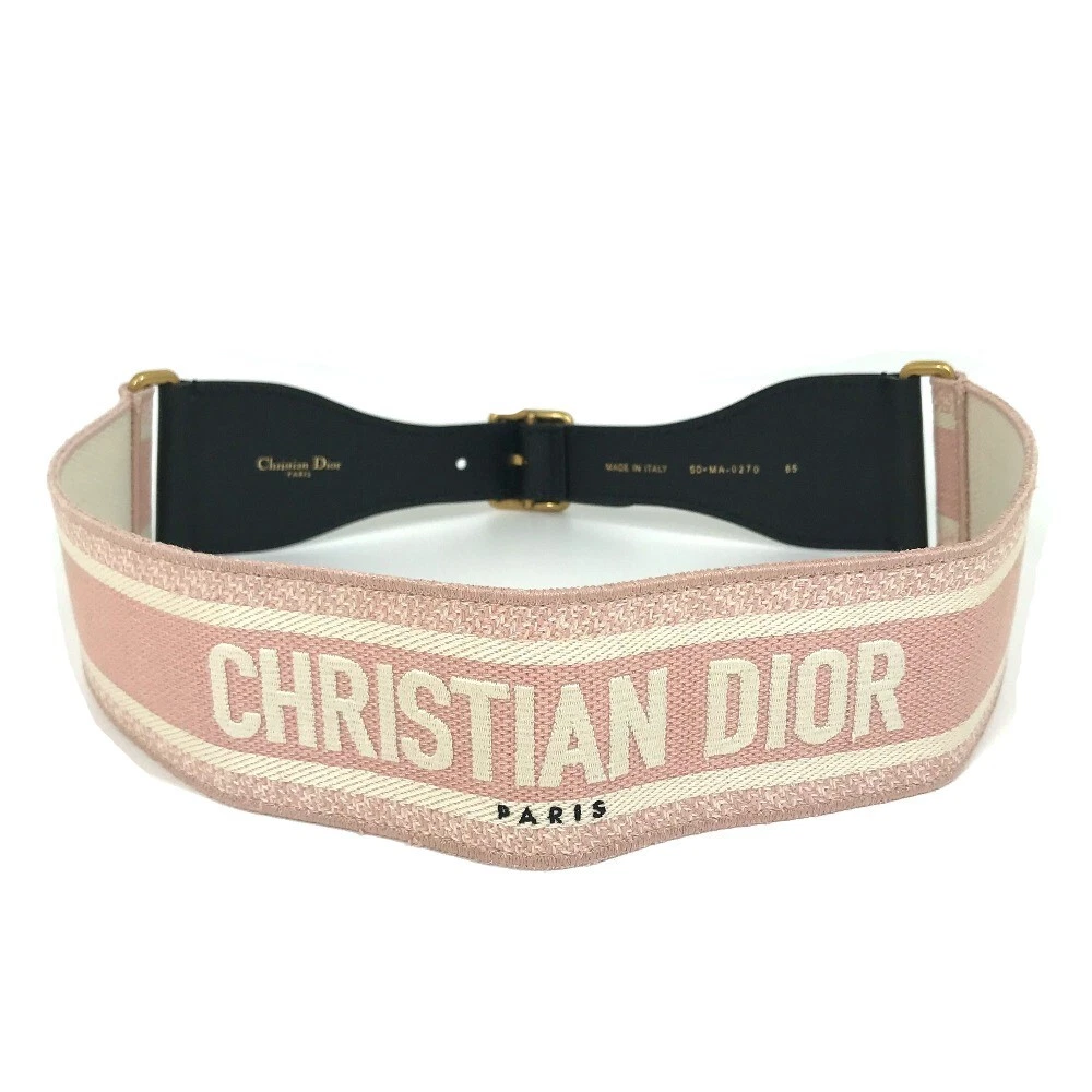 Logo broderie Dior ceinture épaisse large toile/cuir/plaqué or rose