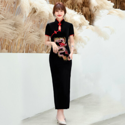 Ladies Retro Velvet Cheongsam Embroidered Qipao Dress Dragon Pattern Sexy  Chic | eBay