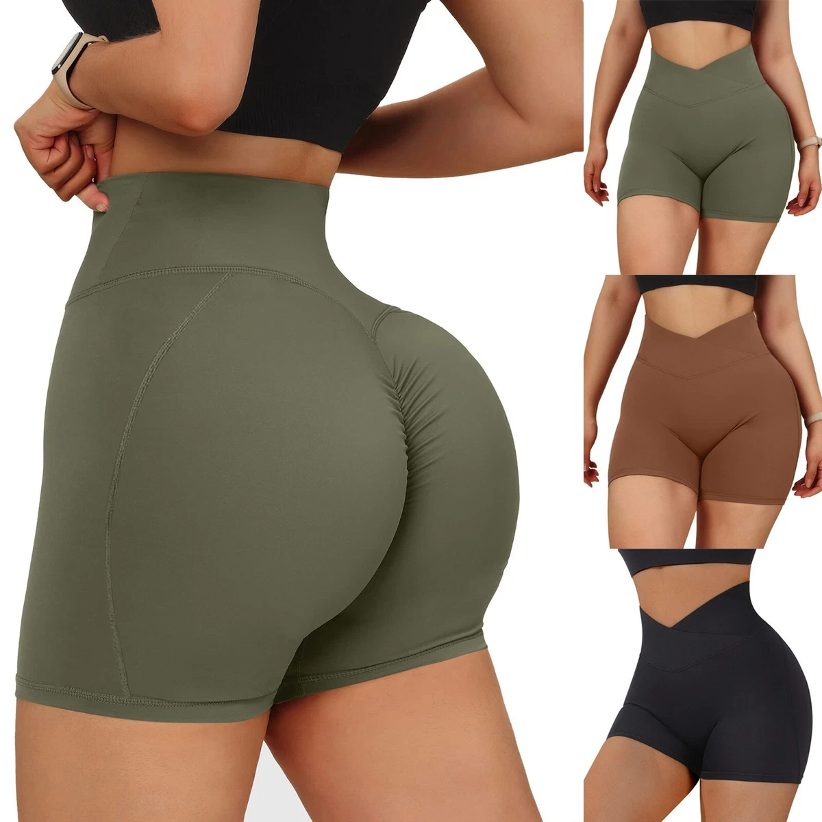 Women V Cross Waist Workout Shorts Butt Lifting High Waisted 3 Piece Yoga  Shorts