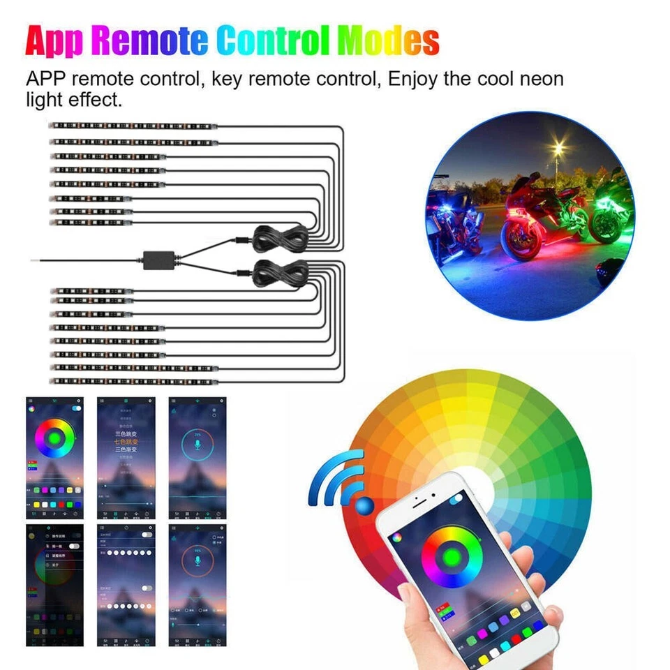 16PCS RGB Motorcycle LED Strip Lights Under Glow Lamp for Kawasaki Suzuki Yamaha Foto 2 de 4